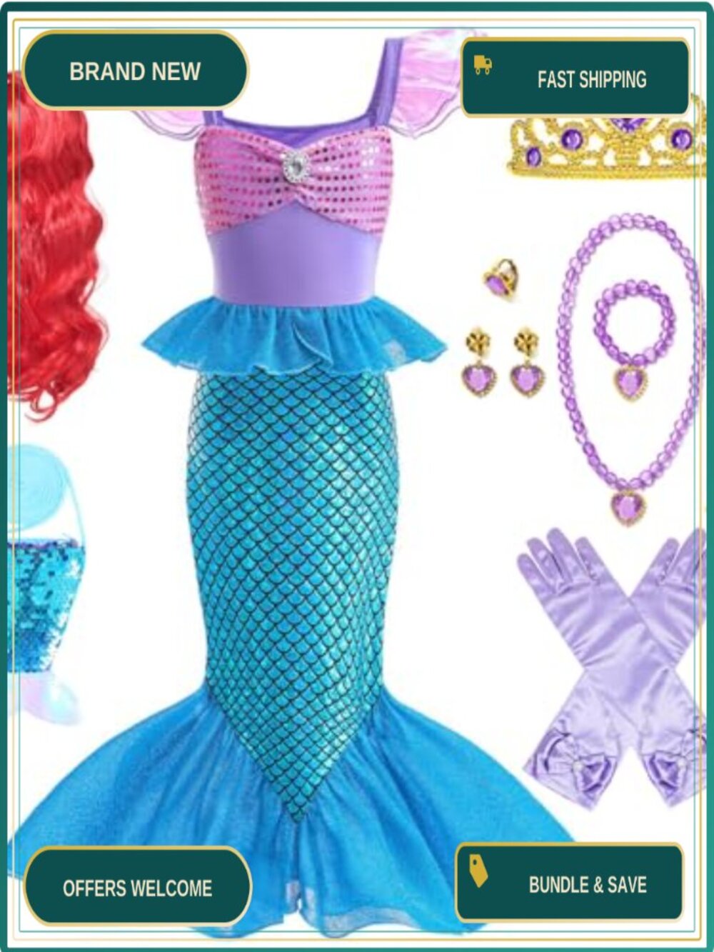Girls Mermaid Costume Dress 10Pc Set with Wig Accessories
